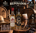 Paquete de Reposados De Barra en Barra con dos tequilas reposados y cuerno de toro con base metálica